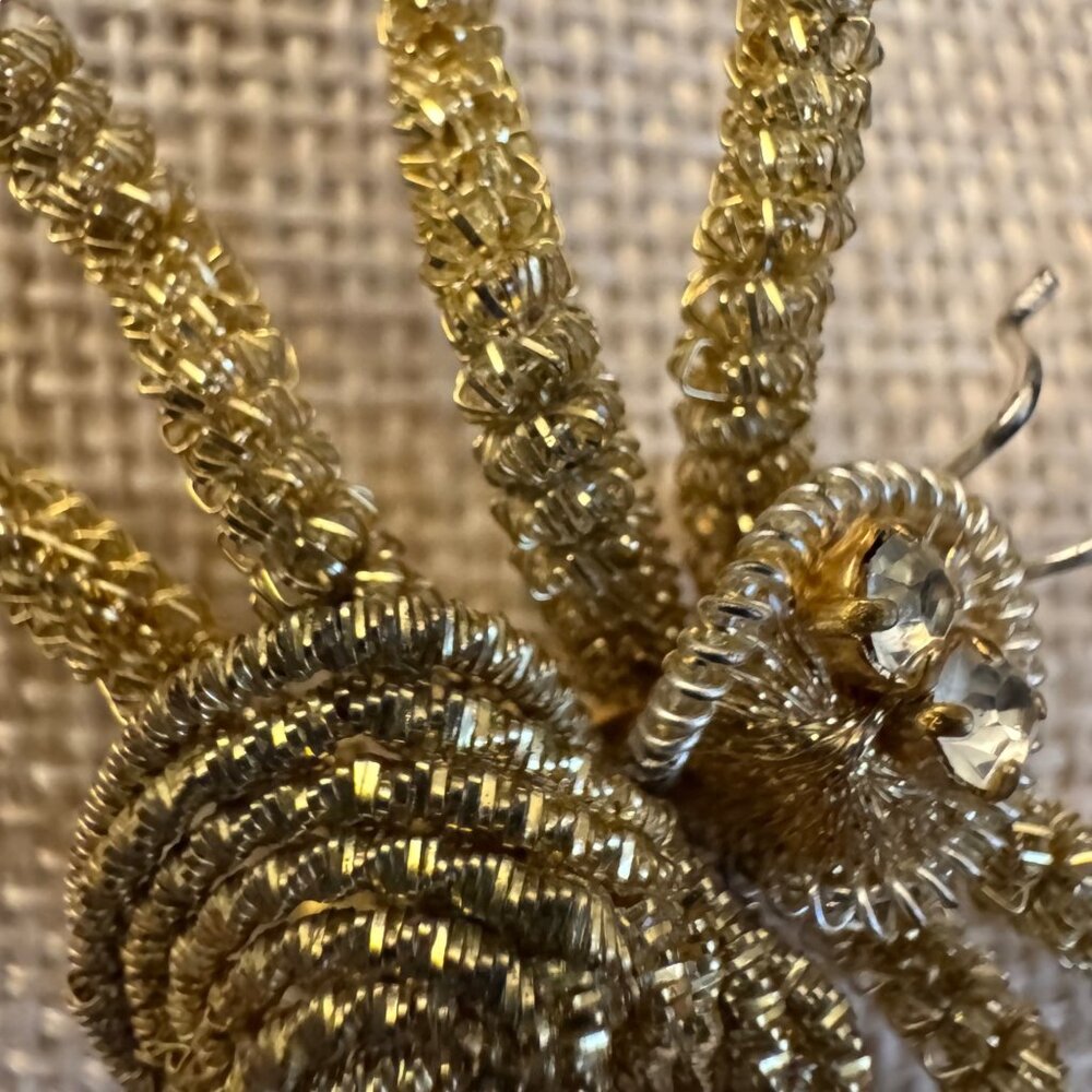Gold-Tone Handmade Wire Spider Brooch With Rhinestone Accents - Picture 3 of 14